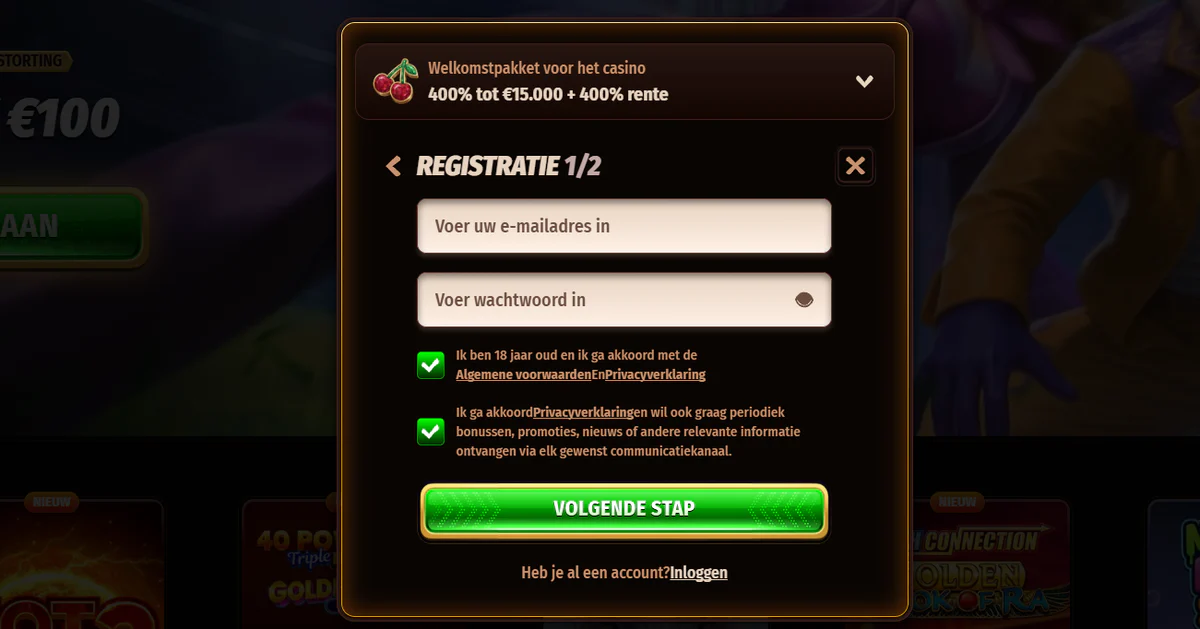 WestAce Casino registratieformulier met welkomstbonus tot €15.000, e-mail- en wachtwoordvelden, akkoordvakjes en knop voor de volgende stap